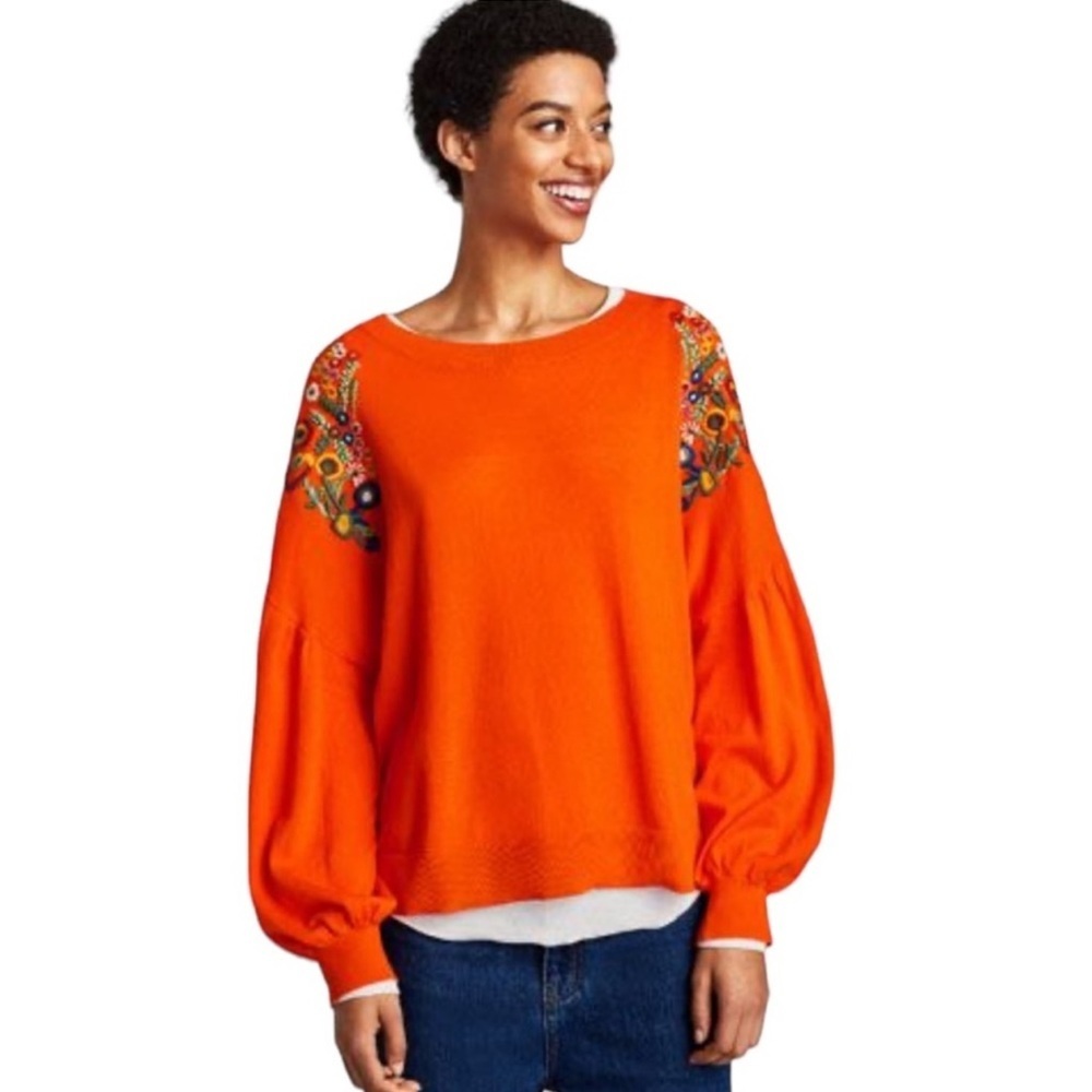 Zara Orange Floral Embroidered Dolman Sweater Size M